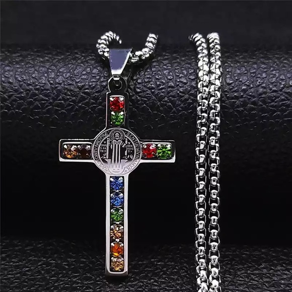 Stainless Steel Crystal Cross Pendant Necklace - Picture 12 of 12